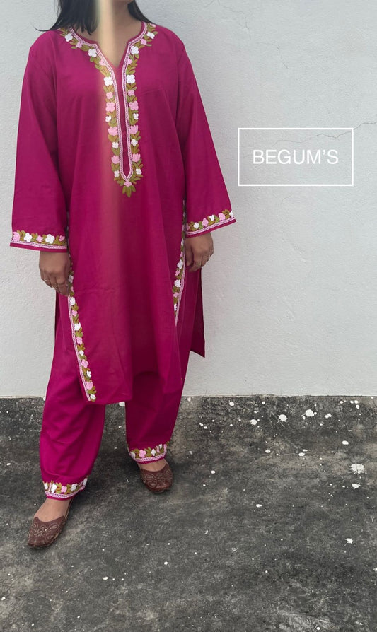 Full outfit look of Amairah white embroidered kurta with scalloped hem and wide-leg pants – Begum's