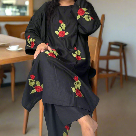 Full outfit shot of Gul – black three-piece suit set in self-design fabric, styled for elegant fusion wear