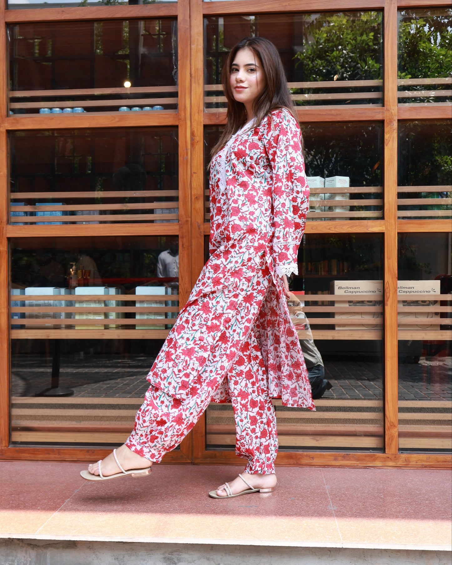 Chic red kurta set for Indian women – classy floral print co-ord for independent professionals