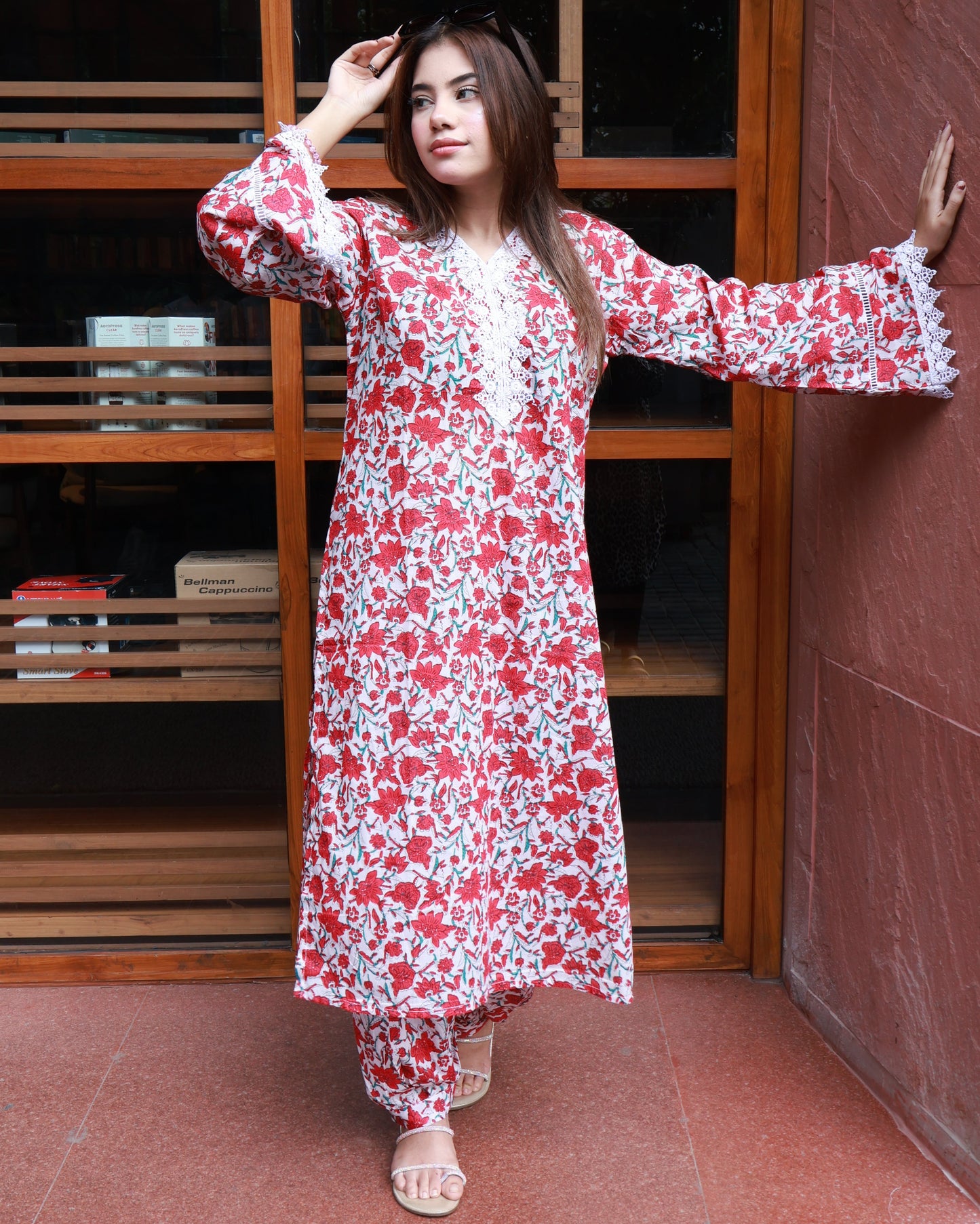 Red floral kurta set for Indian working women – elegant ethnic outfit with lace detail for office and festive wear-Begum's