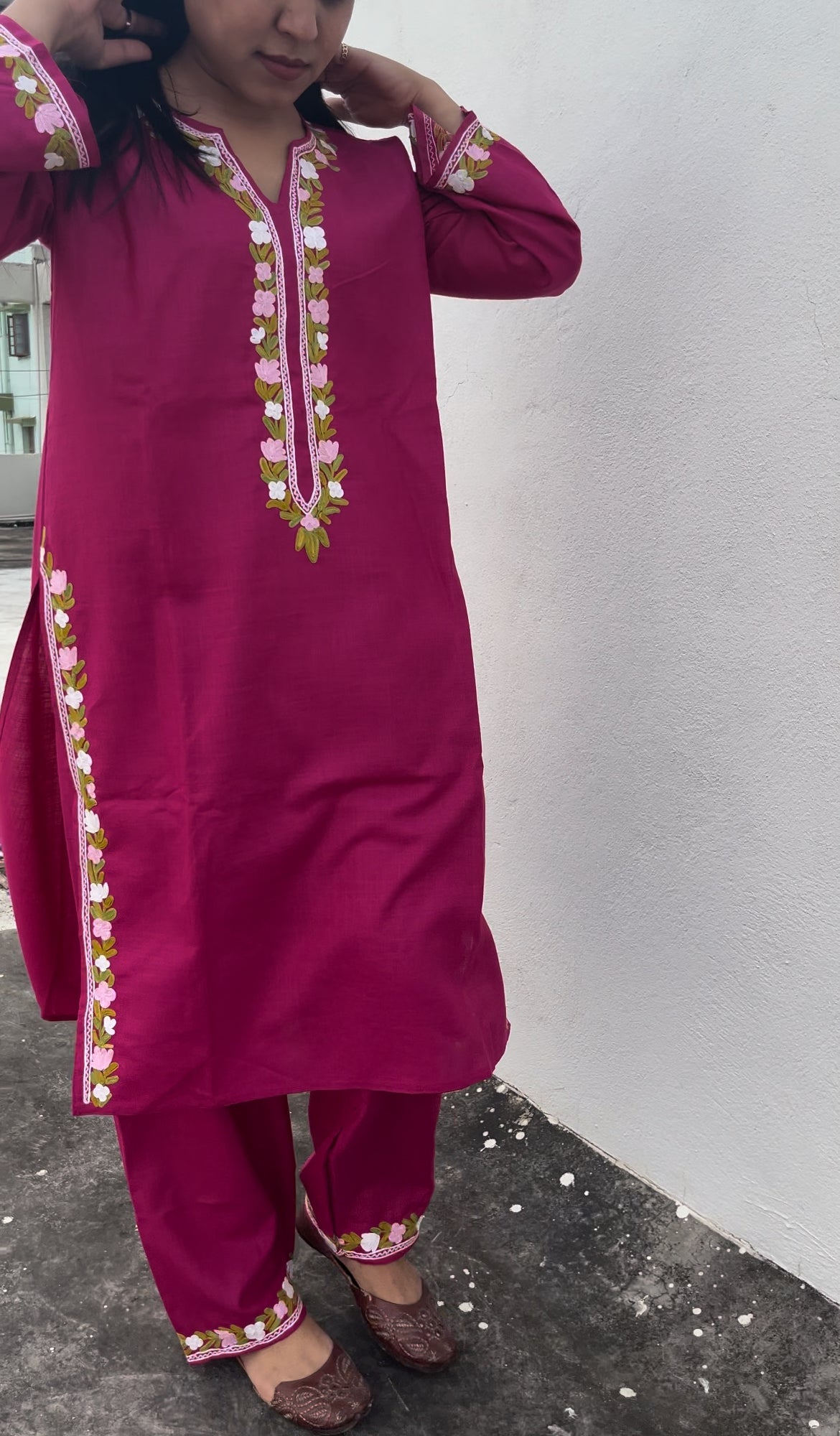 Close-up of embroidered dupatta in the Amairah suit set – sheer organza with floral threadwork