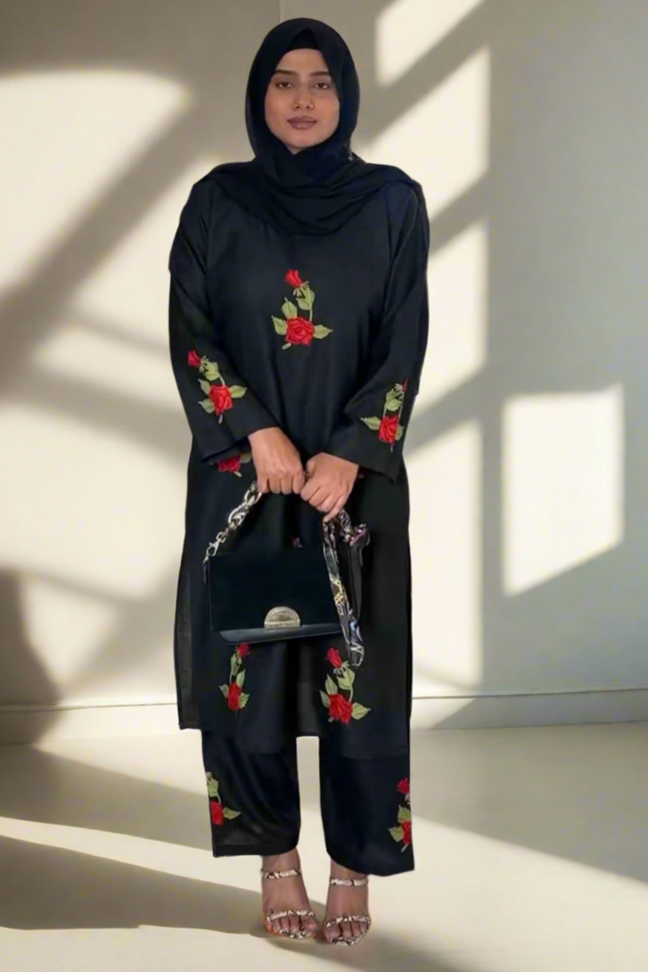 Full outfit shot of Gul – black three-piece suit set in self-design fabric, styled for elegant fusion wear