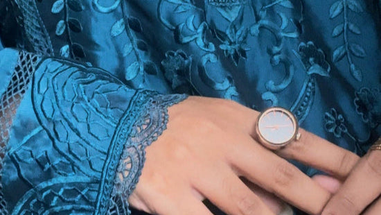 Close-up of intricate embroidery and lace work on organza silk kurta – ethnic ready-to-wear set