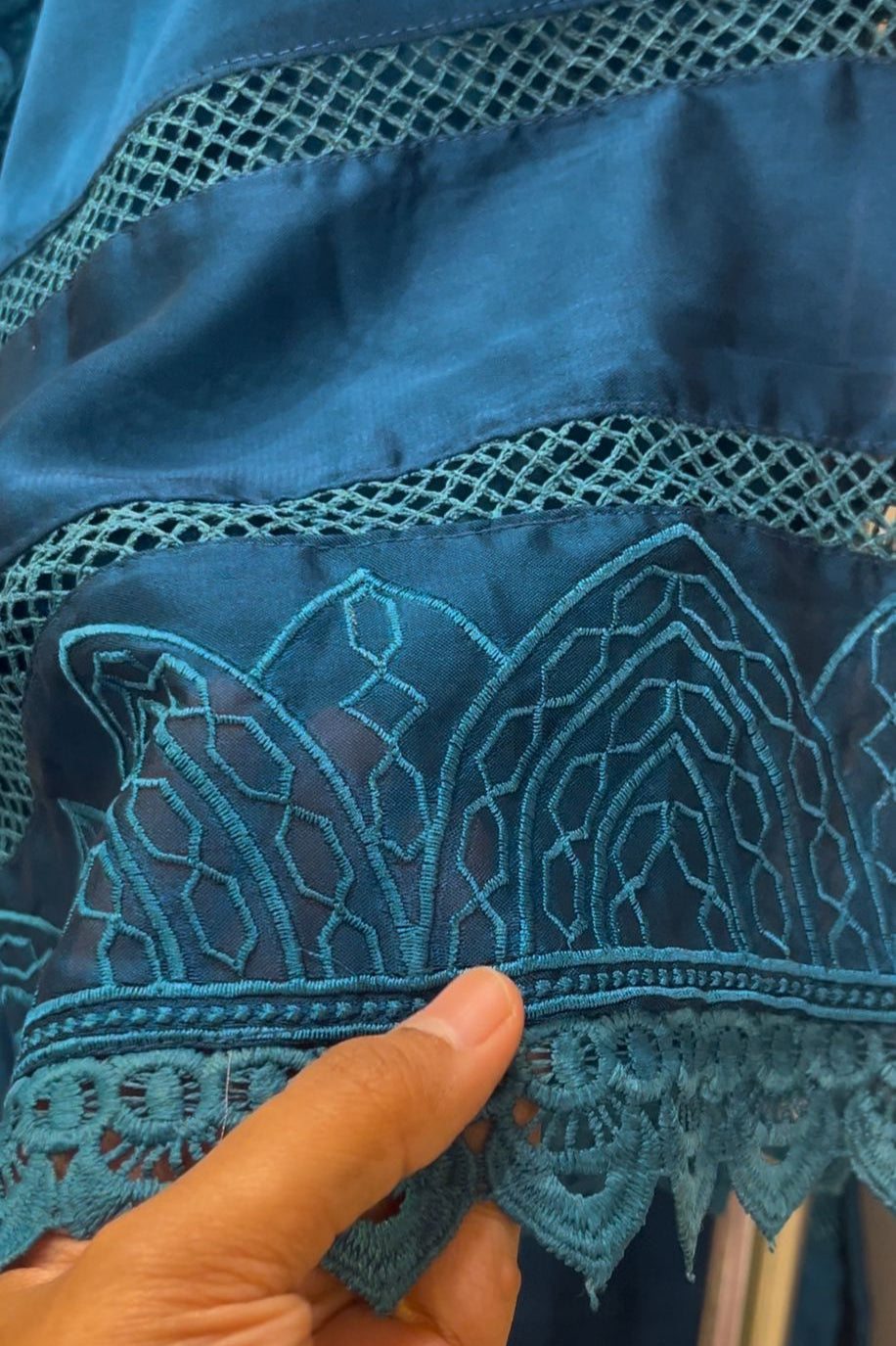 Close-up of intricate embroidery and lace work on organza silk kurta – ethnic ready-to-wear set