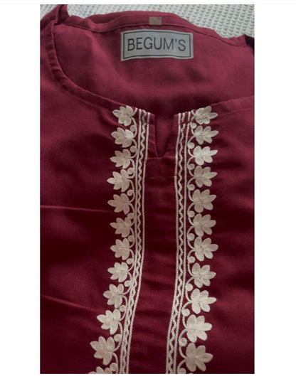 Sharjeena Maroon Embroidered Kurta Set