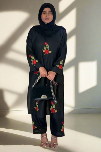 Full outfit shot of Gul – black three-piece suit set in self-design fabric, styled for elegant fusion wear