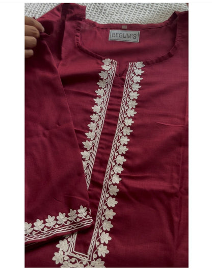 Sharjeena Maroon Embroidered Kurta Set