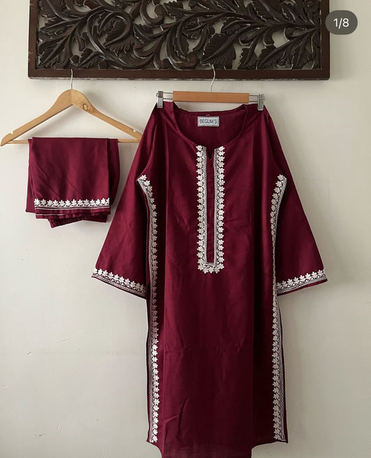 Sharjeena Maroon Embroidered Kurta Set