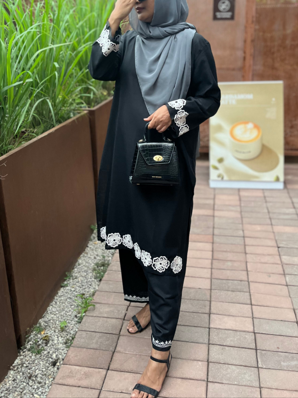 Minimalist festive outfit styled with Vignette black embroidered suit set for women