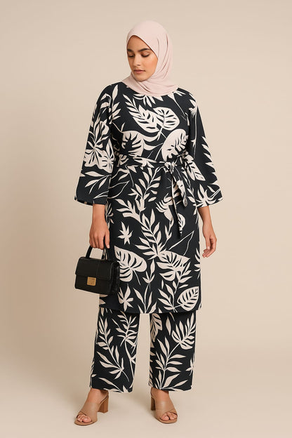 BEGUM’S Summer Noir black cotton kurta set front view – elegant straight-fit kurta with bell sleeves and matching pants