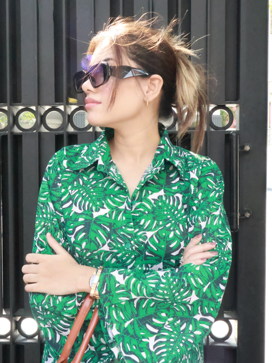 Woman wearing green tropical kurta set with palazzo pants – BEGUM’S signature modern ethnic look